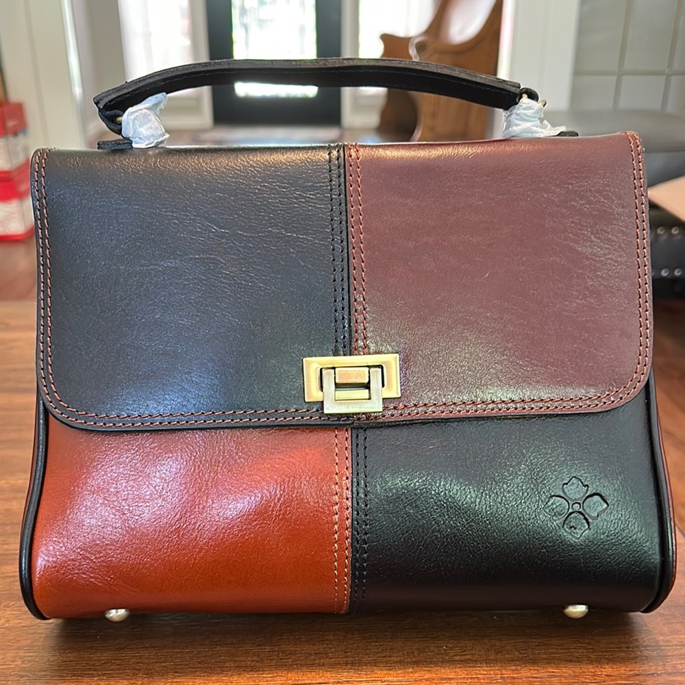 Patricia Nash Black and Brown Leather Satchel with Gold Clasp - Picture 5 of 8